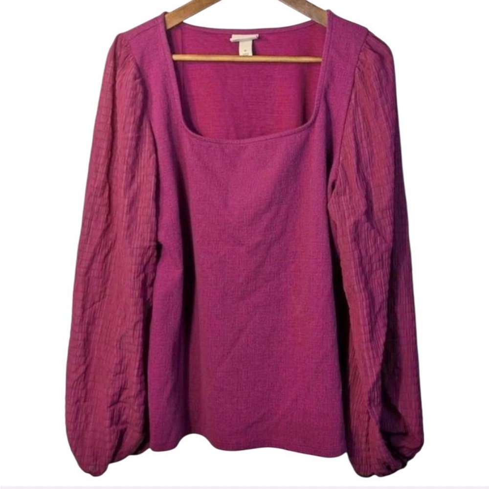 Ava & Viv Magenta Fuchsia Long Sleeve Square Neck Blouse Puffy Balloon Sleeves - Picture 2 of 5